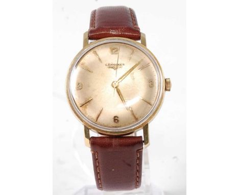 A gent's Longines gold plated wristwatch, having a signed champagne dial with quarter Arabic markers, calibre .280 17-jewel m