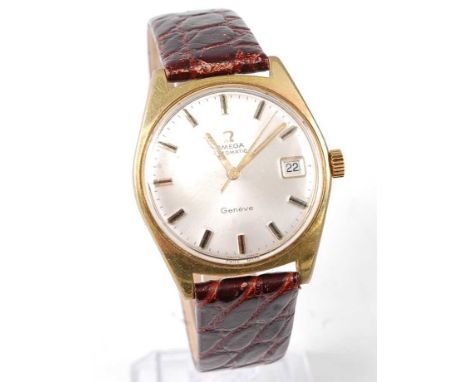 A gent's Omega Geneve gold plated automatic wristwatch, having signed silvered dial with baton markers, date aperture, screw-