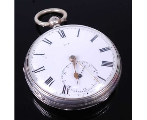 A mid-Victorian silver cased gent's open faced pocket watch, having an unsigned white enamel dial, subsidiary seconds dial, t