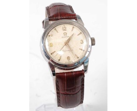 A gent's steel cased Omega Seamaster wristwatch, having a signed white dial with quarter Arabic numerals and baton markers, m