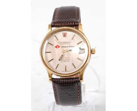 A gent's gold plated Omega Constellation chronometer electronic F300 Hz wristwatch, having signed silvered dial and further s