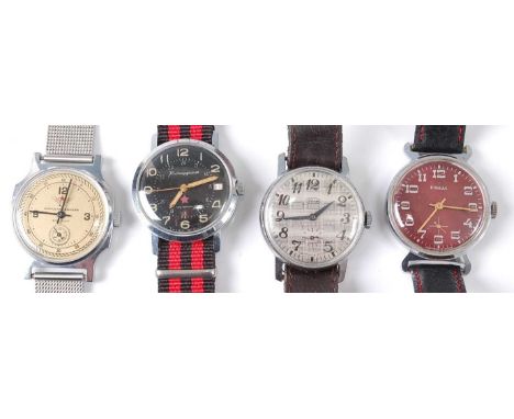Four various gents' vintage Russian and USSR steel cased mechanical wrist watches, one with signed black date dial having lum