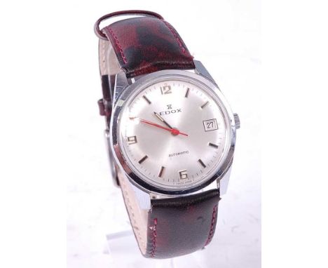 A gent's Edox steel cased automatic wrist watch having signed silver dial, quarter Arabic numerals and red sweep seconds hand