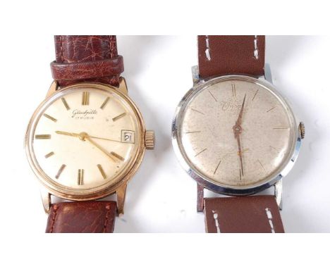 A gent's Glashutte gold plated cased wrist watch having signed champagne dial, baton markers, date aperture and manual wind 1