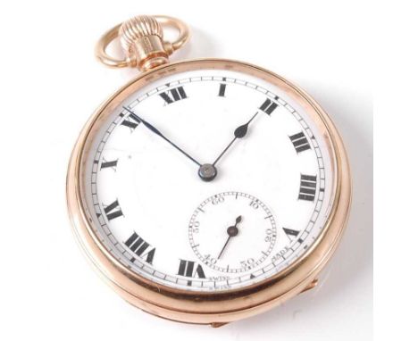 A gent's 9ct gold cased open faced pocket watch having an unsigned white enamel dial with Roman numerals, subsidiary seconds 