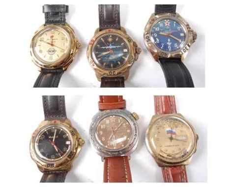 Six various Russian gents fashion watches each having signed date dials, some with revolving bezels, manual wind and automati