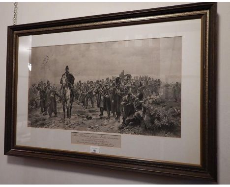 After Lady Butler. The Return of The Inkermann, monochrome lithograph depicting British troops after Crimean Battle, 35cm x 6