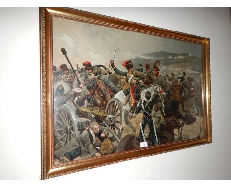 After Richard Caton Woodville. Battle scene of The Crimean War, with engagement of cavalry and artillery, probably the Charge