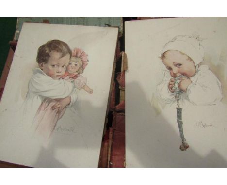 After Norman Rockwell. Two portrait prints of children, one with a doll, the other with a watch, unframed, a needlework pictu