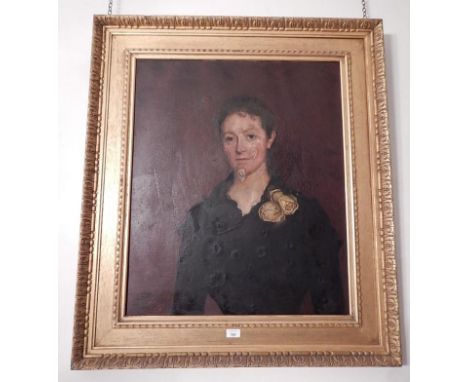 19thC English School. Portrait of Mrs Myers, of Dunningwell Hall, half length, oil on canvas, and repaired, indistinctly sign