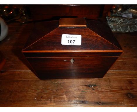 A Regency rosewood sarcophagus tea caddy, with satinwood stringing and brass loop handles (no internal covers and feet missin