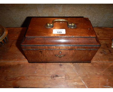 A George III mahogany tea caddy, with moulded hinged lid and brass swan neck handle, with three compartments, 24cm x 13cm.