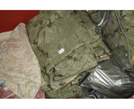 A quantity of various curtains, in floral material on green and pink ground, in silk with thick material backs, and a quantit
