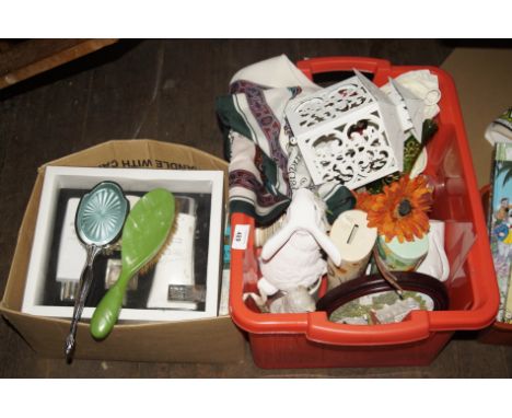 Decorative china, boxed perfume set, lantern, china, glass, other wares, hairbrush, etc, (2 boxes).
