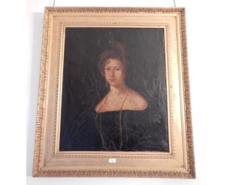 18thC English School. Portrait of a young lady, half length, oil on canvas, and repaired, gilt frame, 75cm x 62cm.