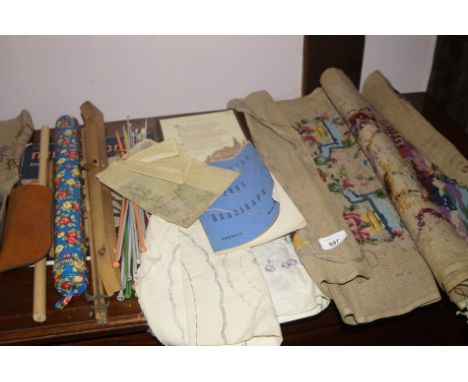 Various haberdashery, embroidery and embroidery equipment, to include knitting needles, tapestries, other hand tools, etc.