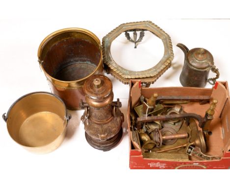 Miscellaneous metalware, including an Islamic copper coffee pot, 19th c,&nbsp;33cm h, a&nbsp;Japonisme design table lamp, 51c