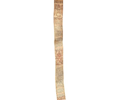An Ethiopian Coptic prayer or incantation scroll, 19th c,&nbsp;Ge'ez manuscript in red and black ink on sheepskin, illuminate