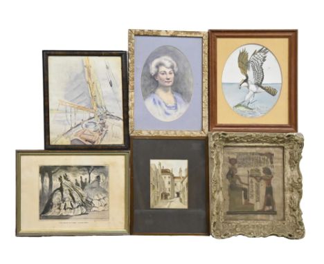 British Marine School, 19th c - British Man-of-War,&nbsp;gouache, 20 x 26cm, English School, 19th c - Foxhunter, pencil and w
