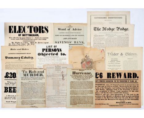 Local Interest. Nottinghamshire and Derbyshire broadsides and sheets of printed ephemera, early-mid 19th c,&nbsp;including&nb