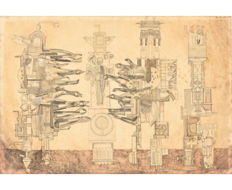 Robin Crozier (1936-2001) - The Machine, signed, dated 1951 and dedicated To Derek Carruthers, pen, ink and gouache, 38 x 56c