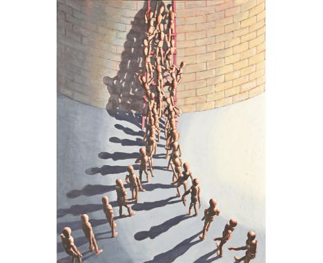Derek Carruthers (1935-2021) - Untitled (lay figures with ladder), signed, dated June - Aug, Oct 1998, Jan 2002 verso, oil on
