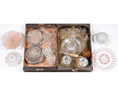 Miscellaneous glassware, including three glass jelly moulds, bowls, decanters, port glasses, a 1920s pedestal lamp base, etc 