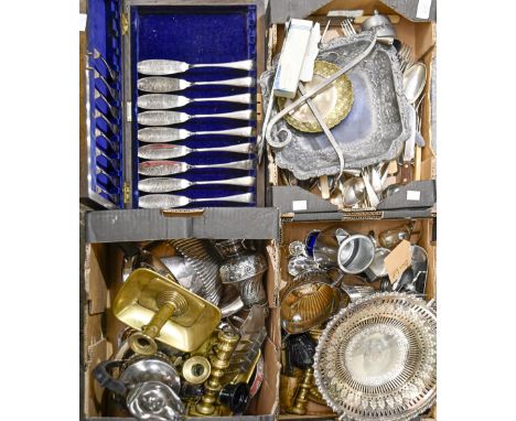 Miscellaneous metalware, including a pair of early 19th c Dutch chambersticks, a Victorian EPNS cake basket, c. 1870,&nbsp;an