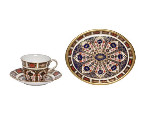 A Royal Crown Derby Imari pattern tray for a miniature tea service, late 20th c, 20cm l, printed mark and a similar teacup an