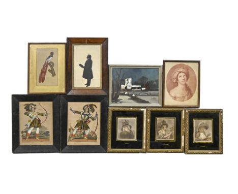A pair of theatrical tinsel print picture, early 19th c,&nbsp;27 x 20cm, contemporaneous ebonised frames, a pair of Regency d