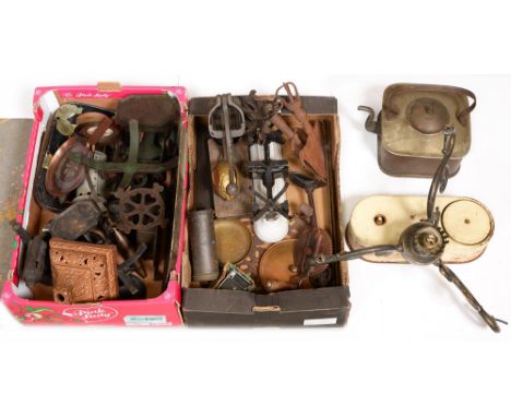 Kitchenalia, including a set of Avery white enamel scales, others, a counter-top mincer, blow lamp, etc Mixed condition