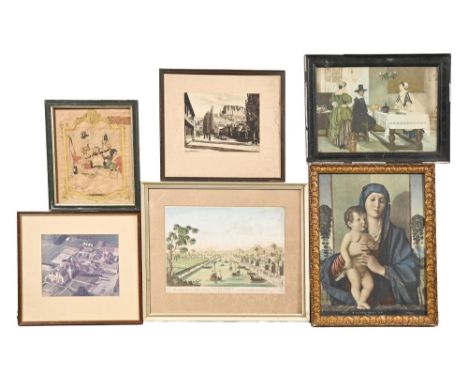 A Chinese square needlework panel, 19th c,&nbsp;32 x 29cm, an 18th c French hand-coloured engraving of Indo-China, 28 x 38cm,