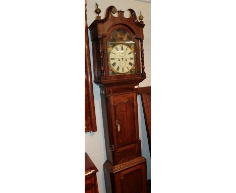 ~ An oak and mahogany eight day longcase clock, arch painted dial signed Robt Forster, Corbridge, early 19th century