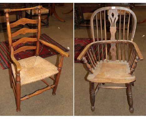 A ladder back rush seated chair and a yew and elm Windsor chair 