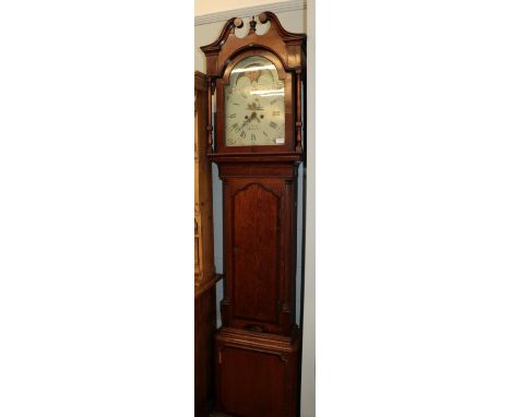 ~ An oak eight day longcase clock, signed F.Brough, Workington, late 18th century, arch painted dial with a moonphase apertur