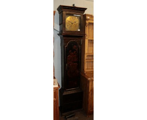 ~ A black chinoiserie eight day longcase clock, square brass dial bearing an inscription Thos Walton, Alston, later movement