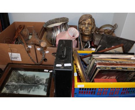 A quantity of miscellaneous items including yoke, oil lamp, metal; wares, pictures, records etc 