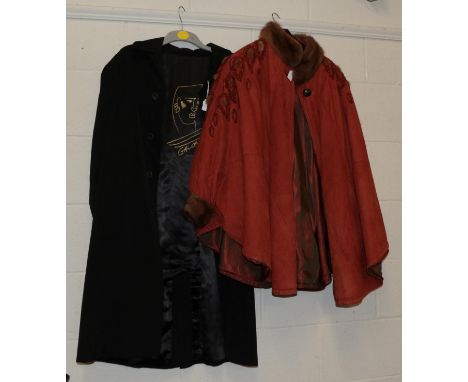 Modern Raff rust coloured poncho, of panelled design with mink trims to the collar and cuffs and chenille decorative applique