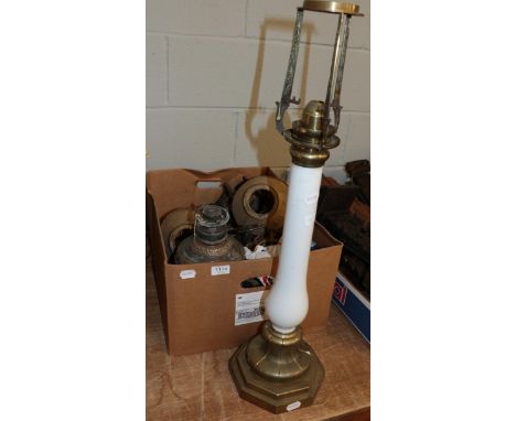 Assorted 18th/19th century lamps and lighting including opaque glass mounted table lamp, brass candlesticks and wall mounted 