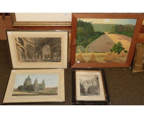 After Paul Nash, rural landscape, colour print; together with a pair of York Minster hand coloured engravings, exterior &amp;
