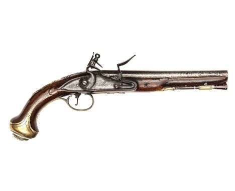 A 20 bore flintlock holster pistol by D. Moore, London c 1775, 13½” overall, barrel 8” with worn London proofs and traces of 