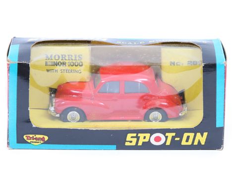 Spot-On Morris Minor 1000 (289). A scarce example in bright red with grey interior, example with steering. Boxed, minor wear/