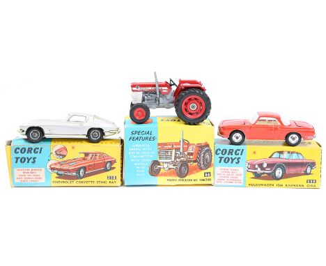 3 Corgi Toys. Massey-Ferguson 165 Tractor (66). In red, light grey and white. Volkswagen 1500 Karmann Ghia (239) in orangey r