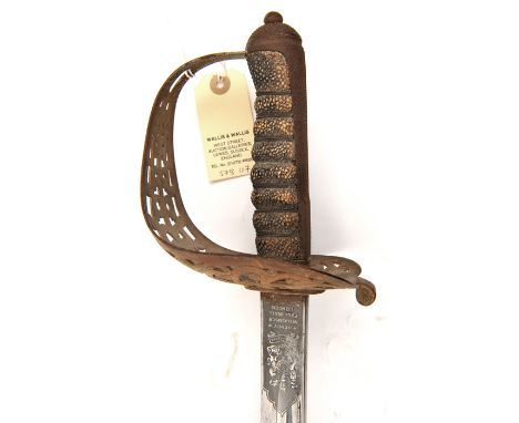 A cavalry officer’s service sword, c 1900, very slightly curved, fullered blade, 35”, by Wilkinson with frosted logo on one s