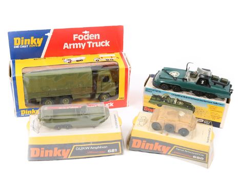 A quantity of Dinky military items. Armoured Command car (602), Land Rover Bomb Disposal Unit (604), Bren Gun Carrier with an