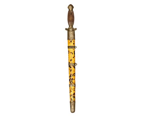 A 19th century Chinese shortsword, DE blade 16”, engraved brass crossguard and pommel, swollen lined wooden grip, in its bras