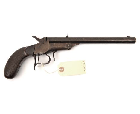 A Belgian 8mm RF saloon pistol, 12½” overall, tip down octagonal barrel 8½”, number 8425, with spur trigger guard and bag sha