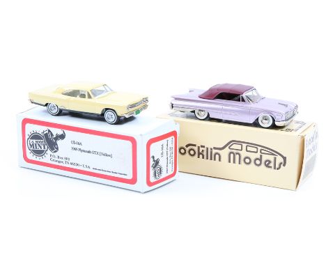 2 white metal American vehicles. A U.S. Model Mint US16A 1969 Plymouth GTX. In light yellow with white interior. Plus a BRK25