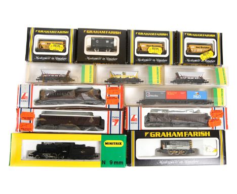 A quantity of ‘N’ gauge Locomotives and freight wagons. Minitrix – BR class 2MT 2-6-0 tender locomotive RN 46400 in black liv