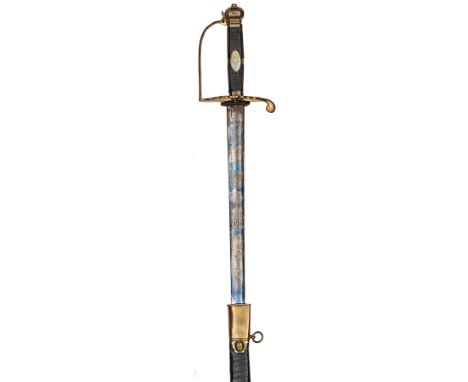 A 1786 pattern infantry officer’s sword, SE fullered blade 32”, marked “J J Runkel, Solingen” on backstrap, and etched with c